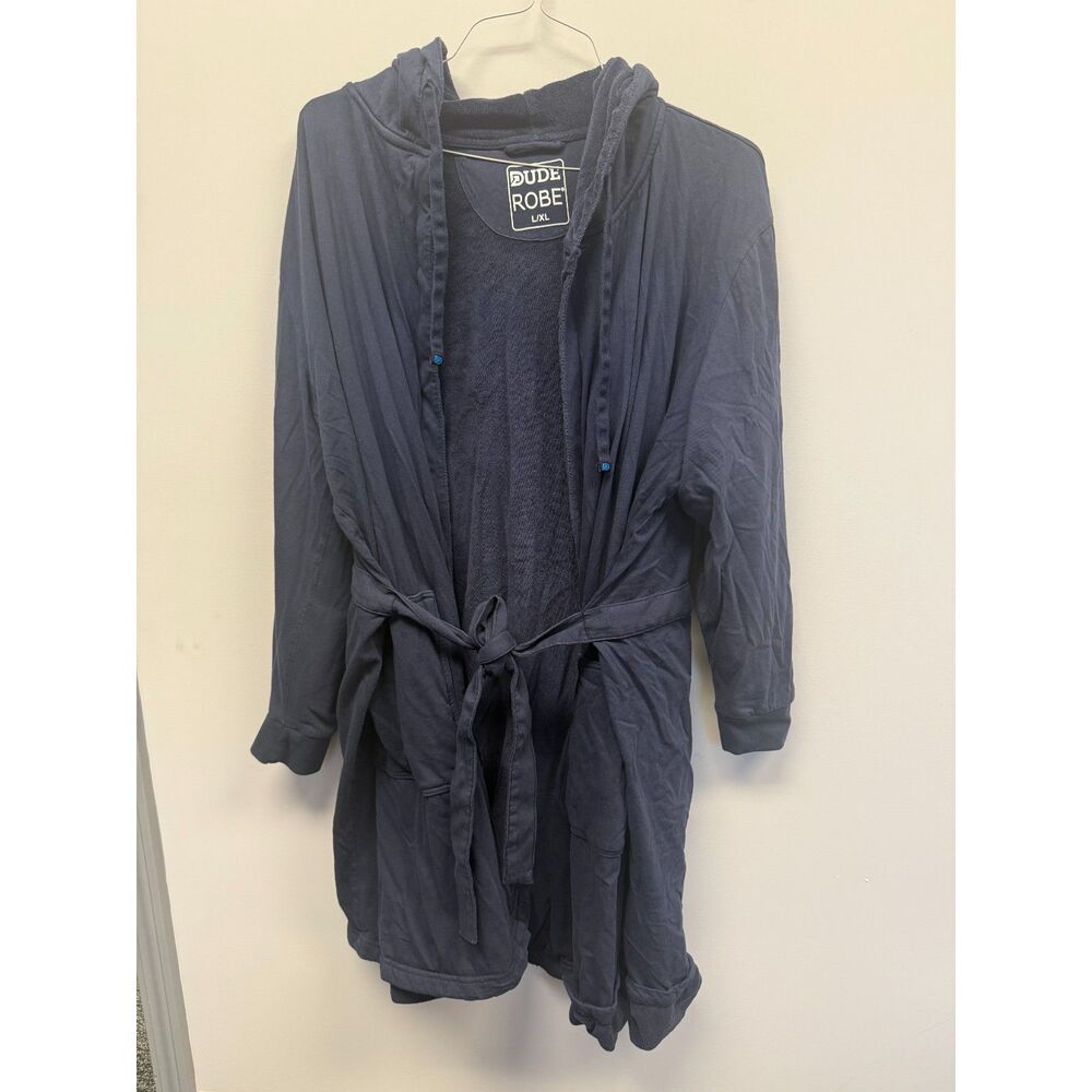 DudeRobe Men’s Navy Blue Hooded Terry Bath Robe L/XL Belted Loungewear